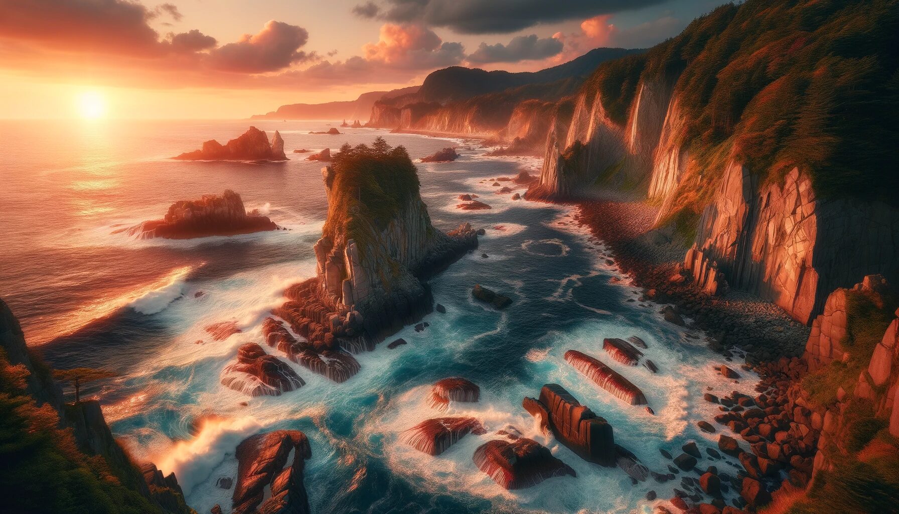 秋田県・男鹿半島。断崖や岩場と夕陽が海に沈む。　無料写真素材