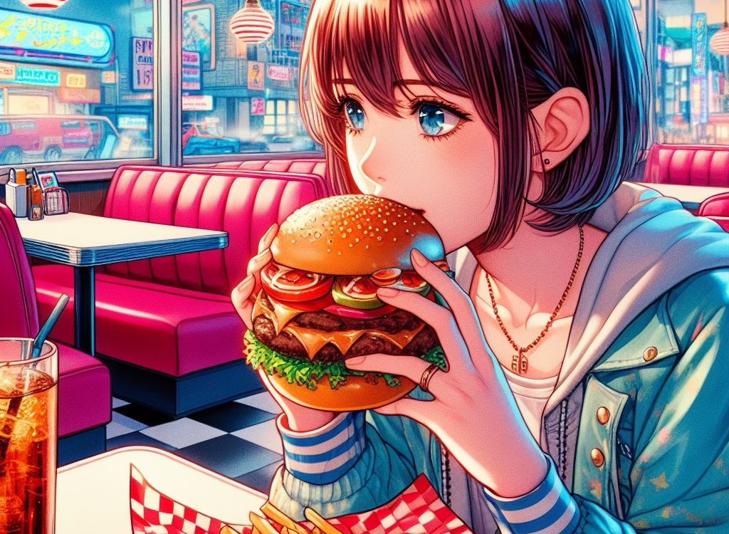 ポップなアメリカンダイナーでハンバーガーを食べる女の子|フリー素材画像