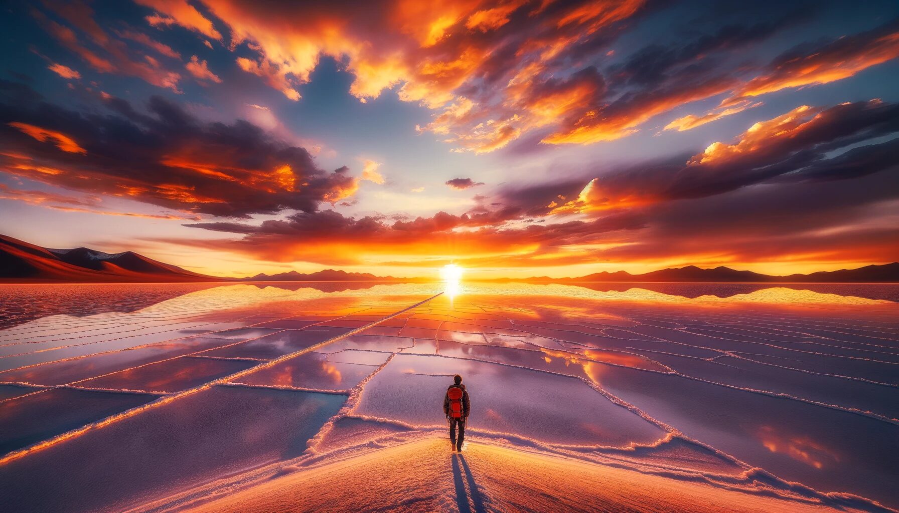 ボリビア・ウユニ塩湖。夕陽を眺める旅人。　無料写真素材