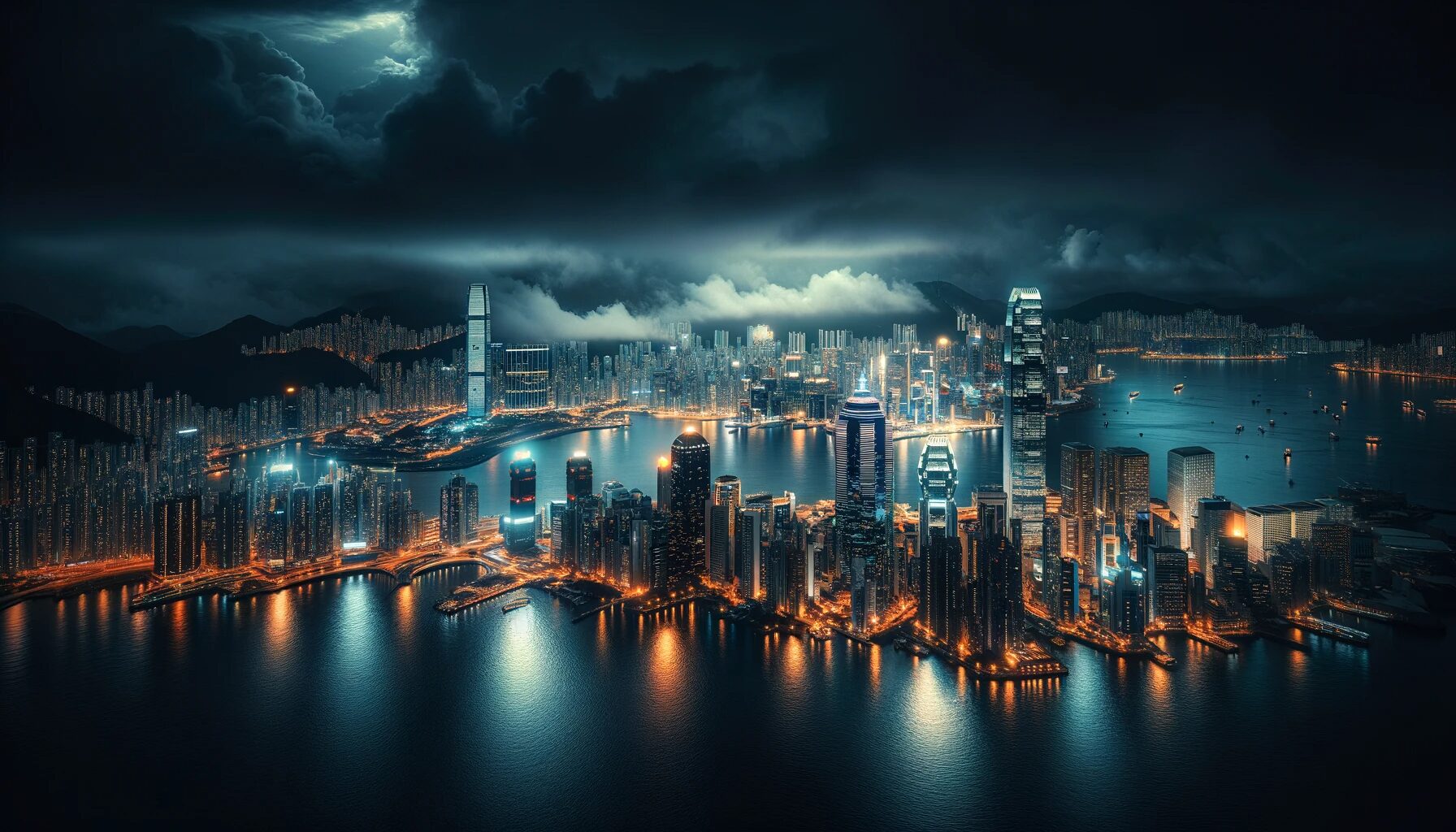 香港の夜景、ビクトリア・ハーバー沿いの高層ビル。　無料写真素材