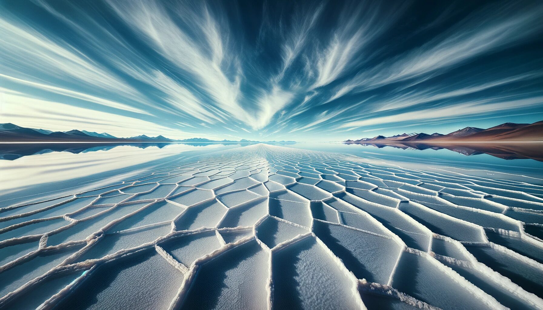 ボリビア・ウユニ塩湖。幾何学的な白い塩の地表。　無料写真素材