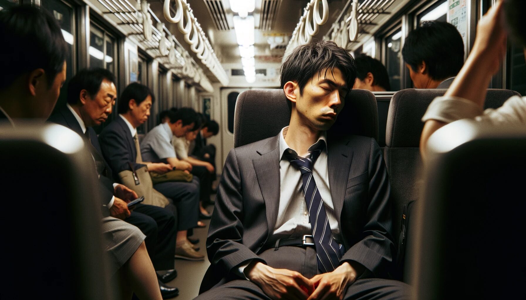 疲れた表情で電車に乗っているサラリーマン。　無料写真素材