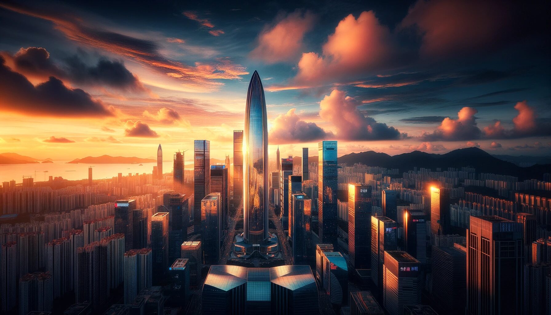 中国・深圳。夕陽に照らされた高層ビル群、都市景観。　無料写真素材