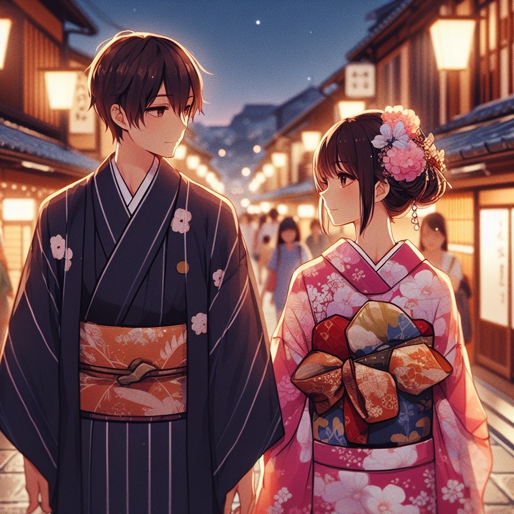 夜の京都の祇園を歩く男女|フリー画像素材
