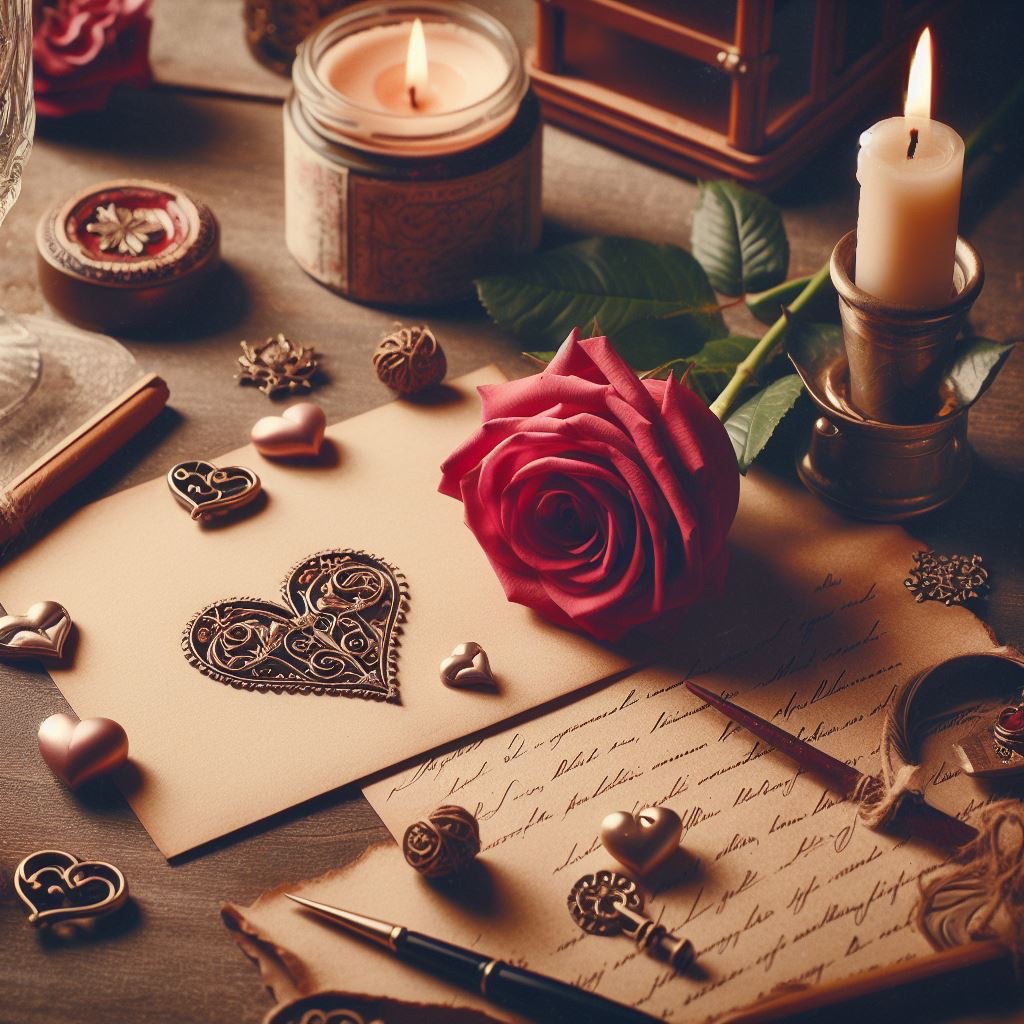 薔薇の花と手紙、ラブロマンスを感じさせる素材画像