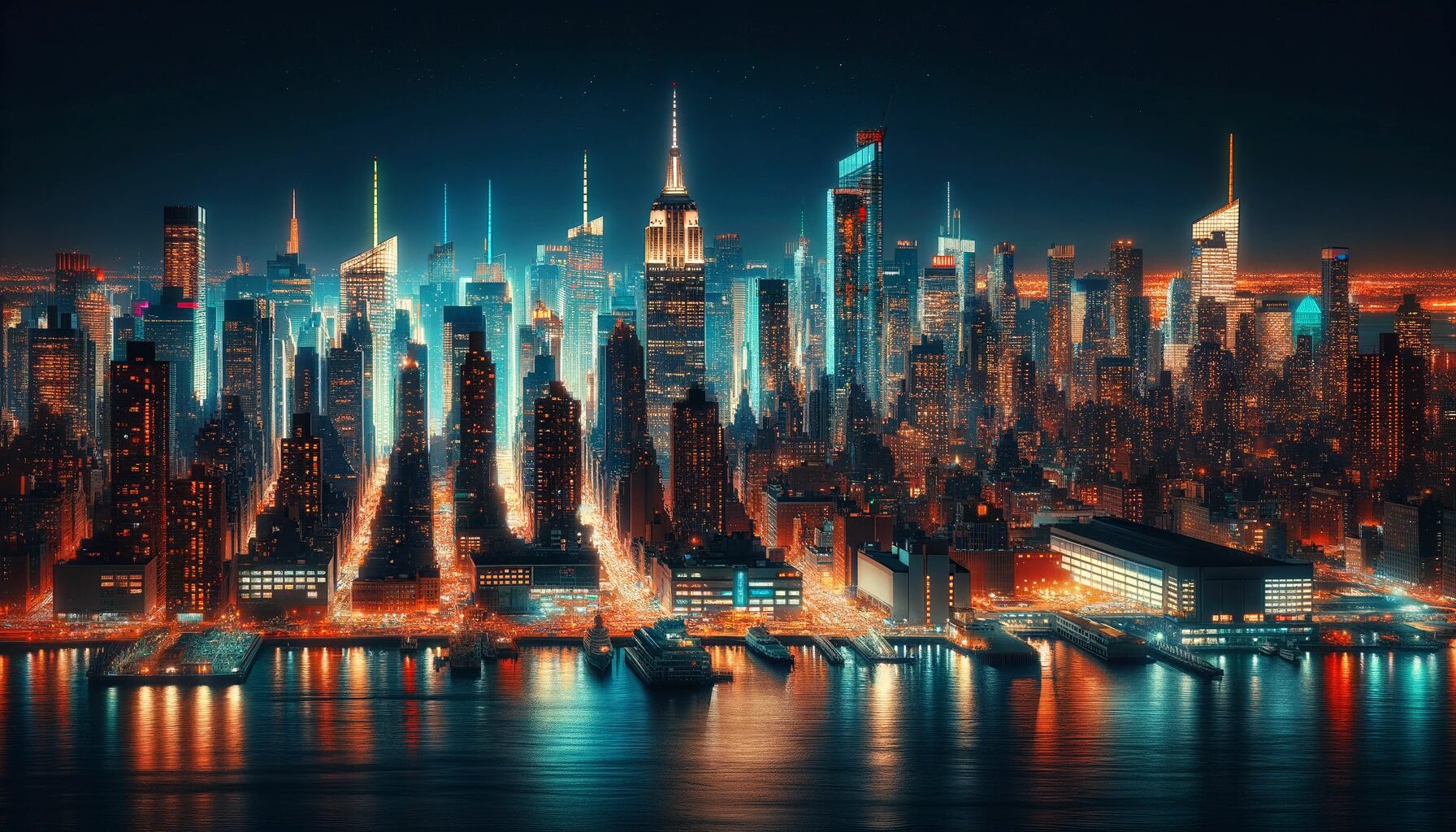 ニューヨーク、マンハッタンの夜景。摩天楼とハドソン川。　無料写真素材