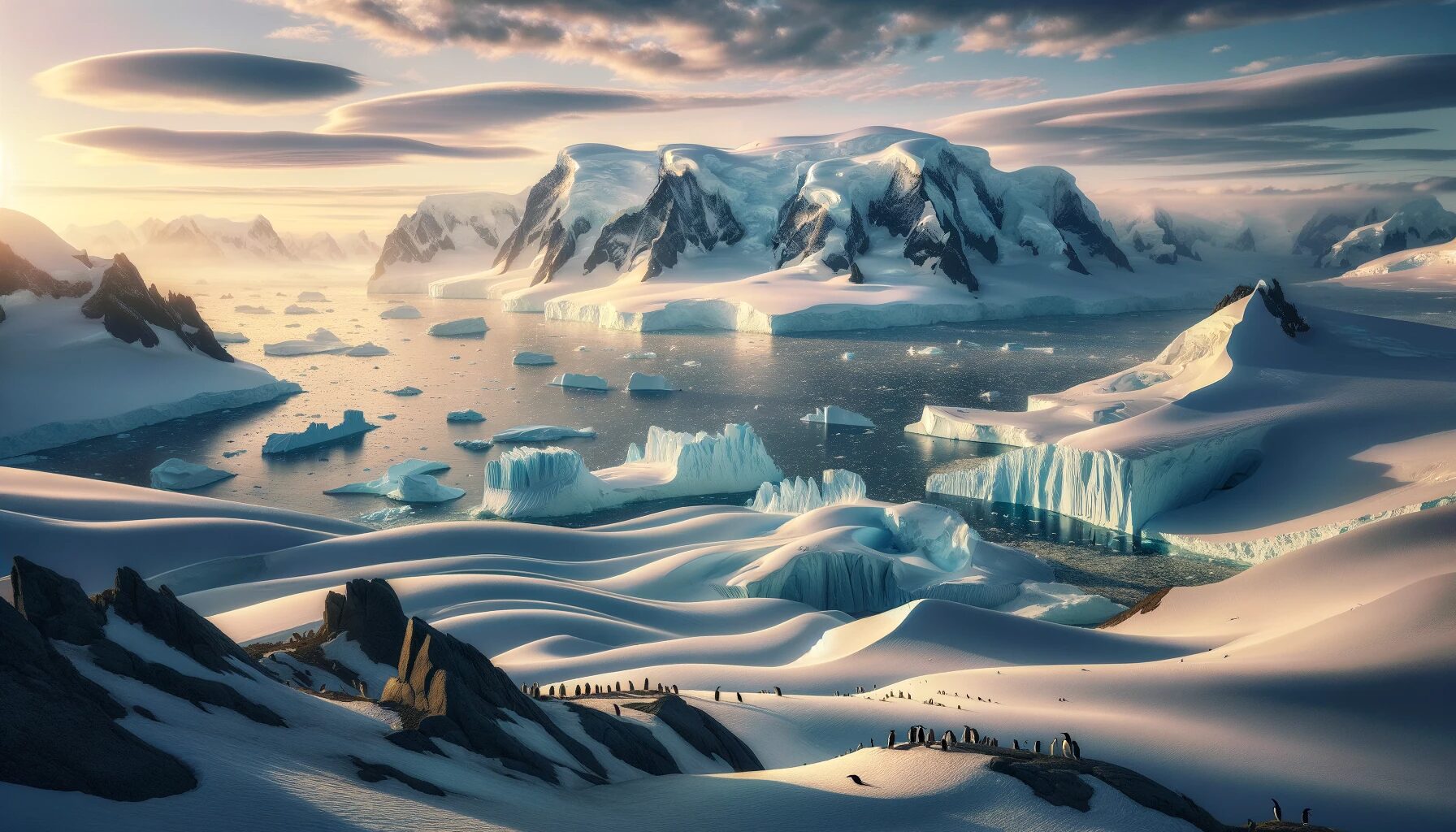 南極。氷河が広がる極寒の荒野、ペンギンが点在する。　無料写真素材