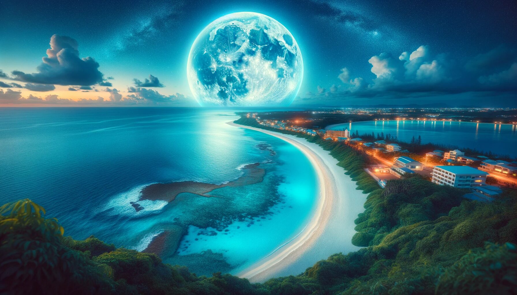 沖縄県・宮古島。スーパームーンがビーチと海を照らす　無料写真素材
