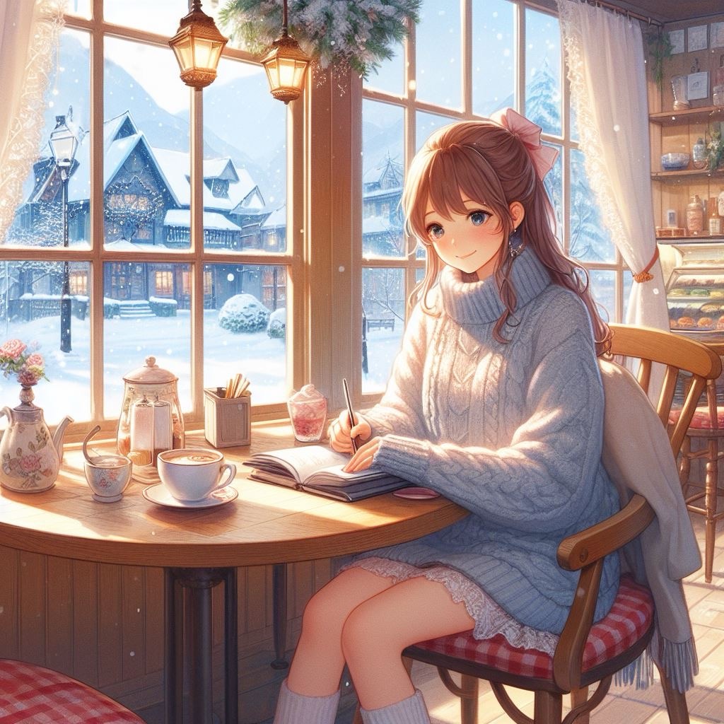カフェでコーヒーを飲みながら執筆する女の子｜フリー素材画像