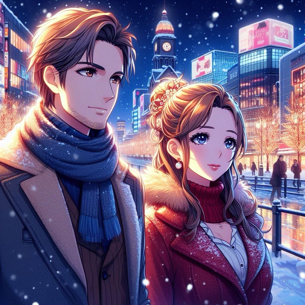 雪がふる札幌を歩く男女のカップル|フリー画像素材