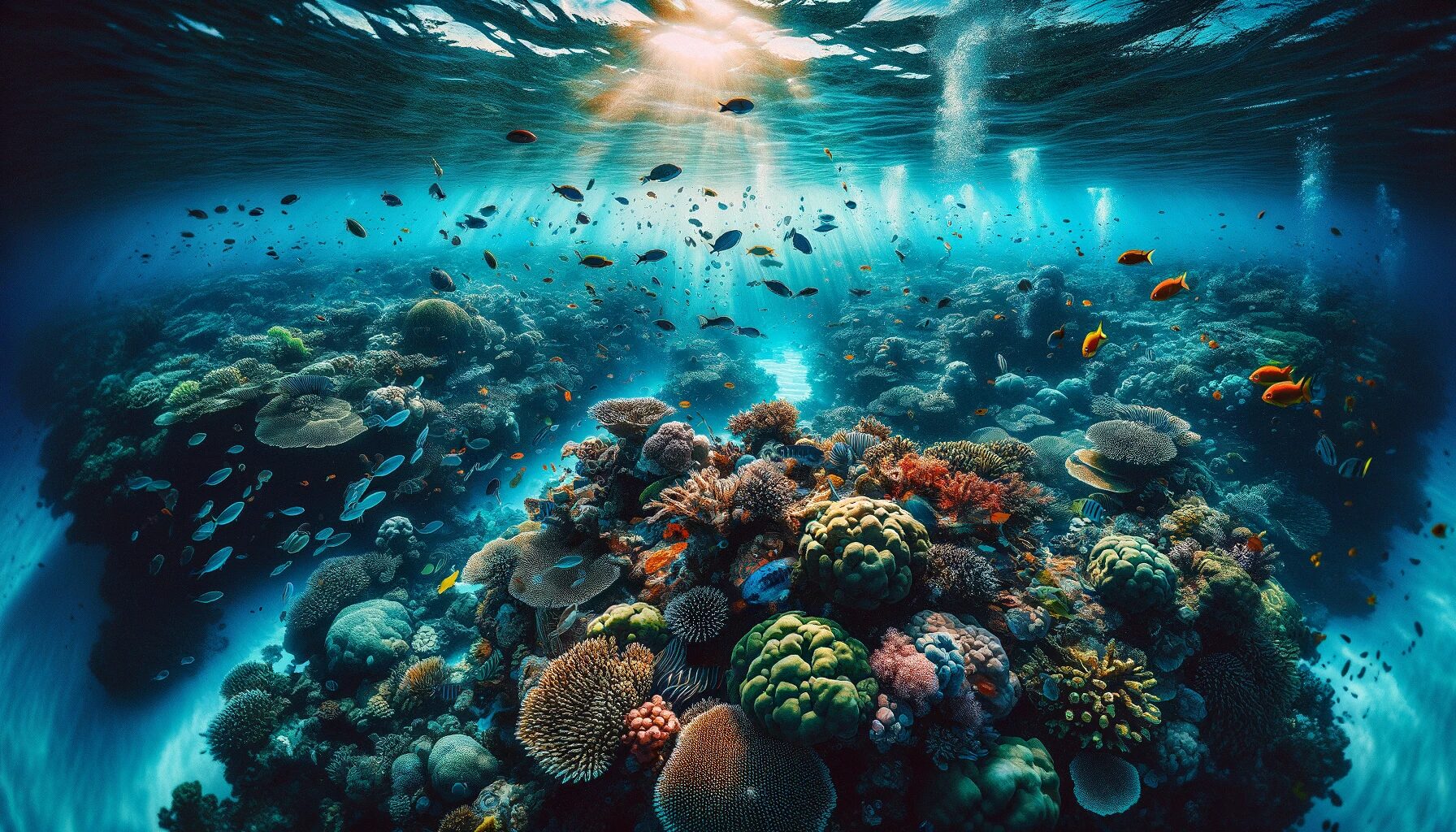 水中から見たグレートバリアリーフ。サンゴ礁や熱帯魚　無料写真素材